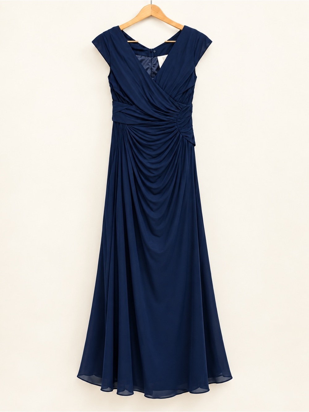 Navy Ruched Column Off Shoulder Long Gown Size 16
